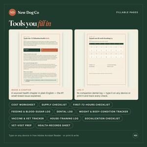 K&ouml;nnte beinhalten: Ein digitales Dokumentenset namens New Dog Co mit ausf&uuml;llbaren Seiten zur Gesundheits&uuml;berwachung von Hunden. Es enth&auml;lt ein Kapitel &uuml;ber die Zahngesundheit von Chihuahuas, ein Zahnpflegeprotokoll sowie Checklisten f&uuml;r Kosten und Tierarztbesuche.