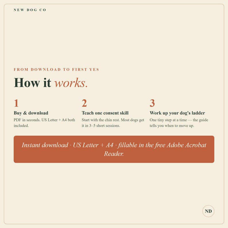 May include: A beige informational graphic titled How it works from New Dog Co. It outlines three steps: 1. Buy & download, 2. Teach one consent skill, and 3. Work up your dog's ladder. A rust-colored banner notes Instant download, US Letter + A4.