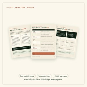 May include: Three pages from a pet care guide featuring text about cockatiel nutrition, toxic foods, and cage requirements. The pages include headers like Why seed-only is the #1 problem, Never a bare list, and Cage setup for your cockatiel.