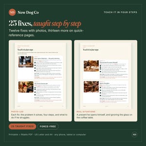 May include: A digital guide titled New Dog Co: 25 fixes, taught step by step. The document features instructional pages with photos and text detailing dog training methods, including sections like Teach it in four steps and Real situations.