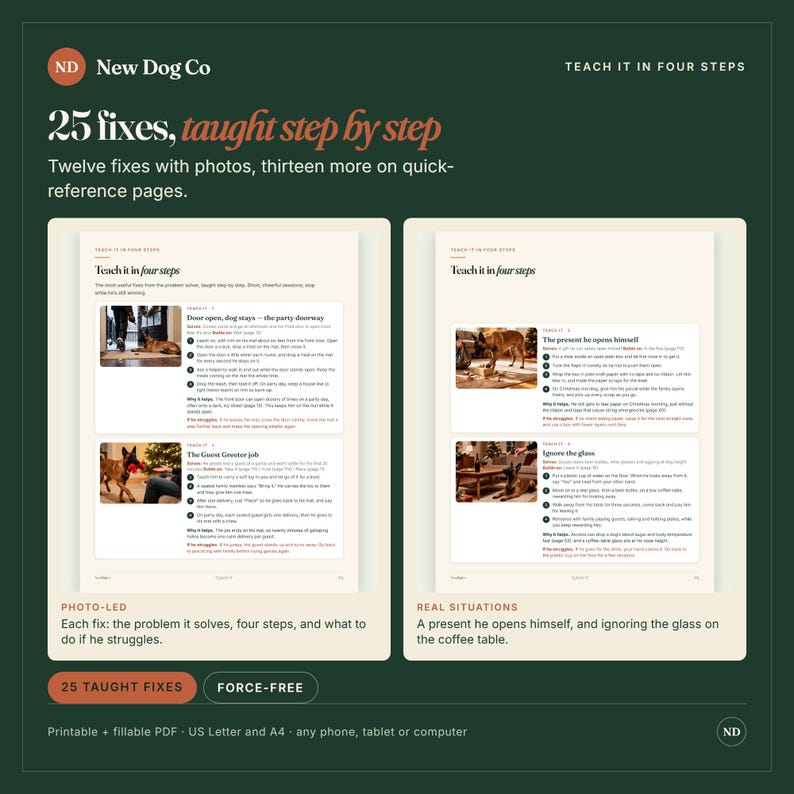 May include: A digital guide titled New Dog Co: 25 fixes, taught step by step. The document features instructional pages with photos and text detailing dog training methods, including sections like Teach it in four steps and Real situations.