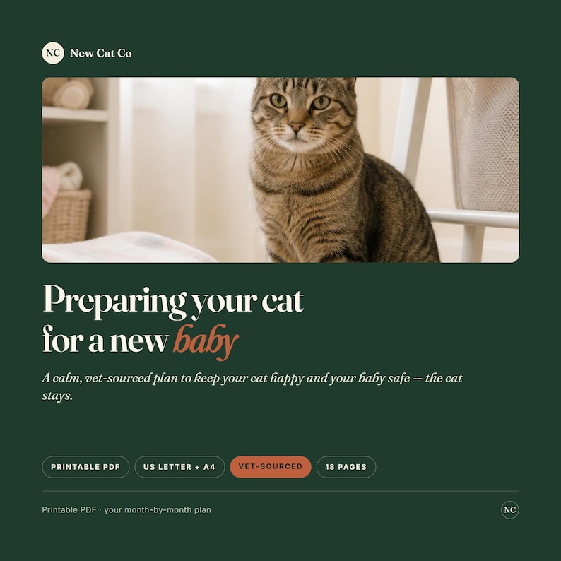 May include: A digital guide titled Preparing your cat for a new baby by New Cat Co. The dark green document features a brown tabby cat, text describing a vet-sourced plan, and labels for printable PDF, US Letter, A4, and 18 pages of content.