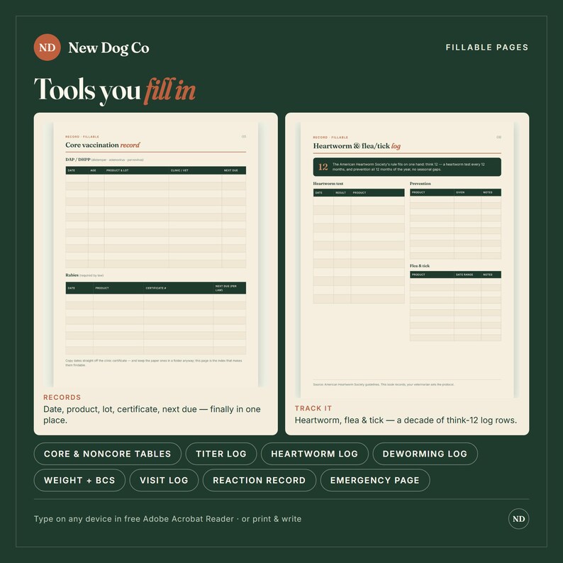 May include: Two cream-colored fillable pet health record pages on a dark green background. The left page features a core vaccination record table. The right page includes a heartworm, flea, and tick log. Text includes New Dog Co, Tools you fill in, and various medical tracking headers. The layout is designed for digital or print use.