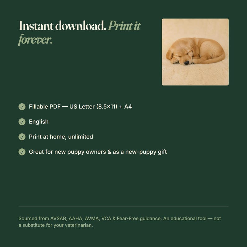 May include: A digital document listing with the text Instant download. Print it forever. It includes a photograph of a golden puppy sleeping on a tan surface. The text specifies Fillable PDF, US Letter 8.5x11 inches, A4, English, and print at home.