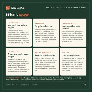 May include: A dark green informational graphic titled What's inside from New Dog Co. It outlines a 42-page guide and 14-page fillable planner for dog training. Six white rectangular boxes detail core ideas, management, training, safety, and planning.