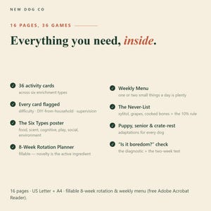 May include: A cream-colored informational document titled New Dog Co with 16 pages and 36 games. It lists features including 36 activity cards, a weekly menu, a never-list, a six types poster, an 8-week rotation planner, and a boredom check.