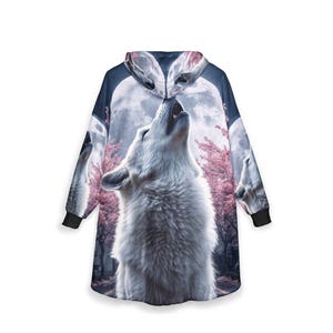 Wolf Cherry Blossom Hoodie Blanket, Oversized Sherpa Cozy Wearable Fleece image 5