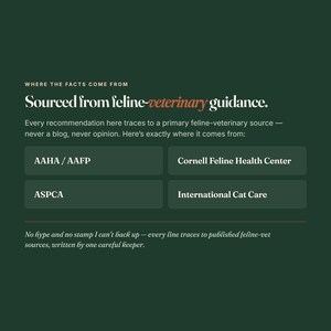 Puede incluir: Un gr&aacute;fico informativo verde oscuro con texto blanco que dice: Where the facts come from, Sourced from feline-veterinary guidance. Cada recomendaci&oacute;n proviene de una fuente veterinaria felina primaria. Los cuadros listan AAHA/AAFP, Cornell Feline Health Center, ASPCA e International Cat Care.