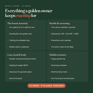 Puede incluir: Una gu&iacute;a informativa de color verde oscuro titulada Everything a golden owner keeps reaching for, que contiene 24 p&aacute;ginas con secciones sobre rasgos de la raza, control de salud, cuidado del pelaje y rastreadores rellenables para el crecimiento y visitas al veterinario.