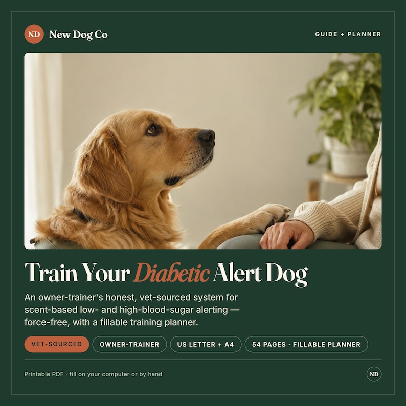 Puede incluir: Una gu&iacute;a y planificador digital titulado Train Your Diabetic Alert Dog de New Dog Co. El documento muestra un golden retriever, 54 p&aacute;ginas, formatos US Letter y A4, y es un sistema de origen veterinario para alertas de az&uacute;car en sangre.