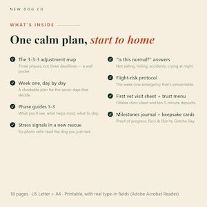 Op de afbeelding: Een beige informatiedocument getiteld New Dog Co What's Inside One calm plan, start to home. Het bevat acht onderdelen, waaronder de 3-3-3 aanpassingskaart, een weekplan, fasegidsen, stresssignalen en een dagboek voor mijlpalen met kaarten.