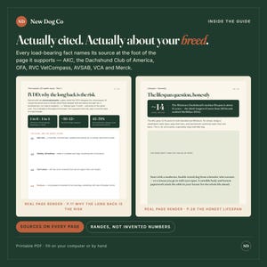 May include: A dark green informational graphic titled New Dog Co Inside the Guide. It displays two page previews: page 11 titled IVDD: why the long back is the risk, and page 26 titled The lifespan question, honestly, featuring text and data charts.