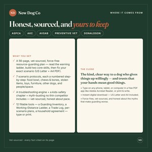 May include: A dark green informational graphic titled Honest, sourced, and yours to keep by New Dog Co. It outlines a 56-page digital resource-guarding plan for dogs, including scenario protocols, a troubleshooting engine, and 12 fillable tools.
