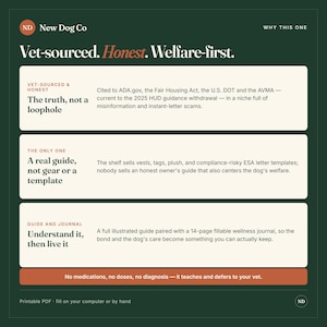 Peut inclure: Un graphique informatif vert fonc&eacute; intitul&eacute; New Dog Co : Vet-sourced. Honest. Welfare-first. Il pr&eacute;sente trois sections rectangulaires blanches d&eacute;taillant un guide et un journal, citant ADA.gov, Fair Housing Act et 2025 HUD guidance.