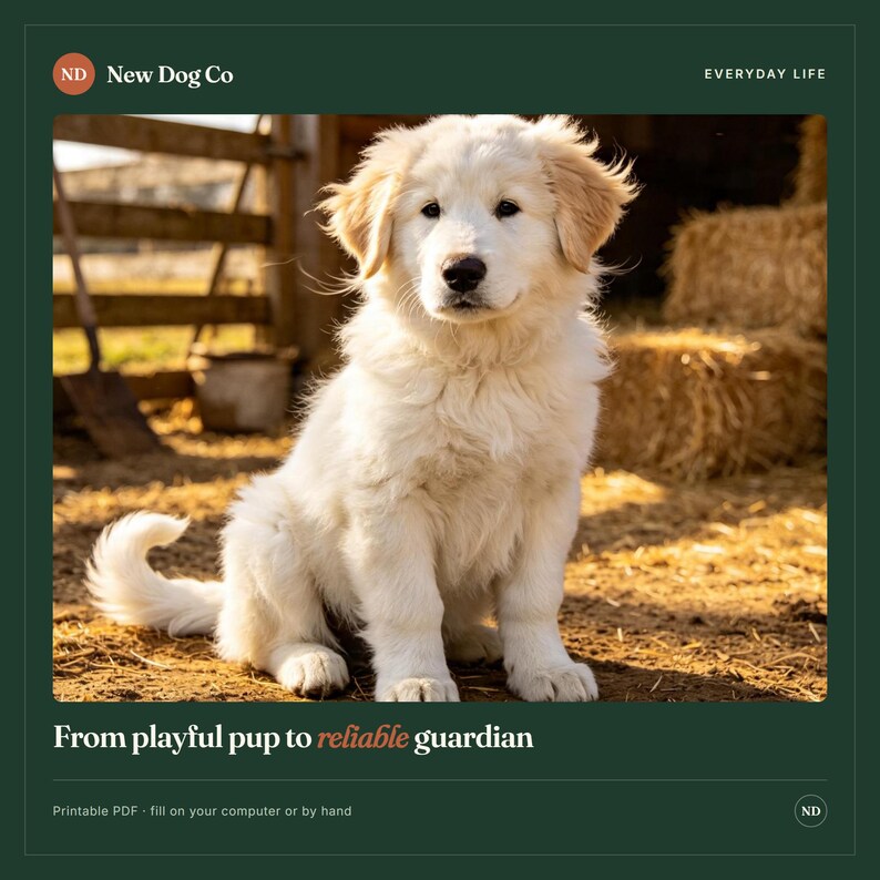 K&ouml;nnte beinhalten: Ein flauschiger wei&szlig;er Welpe mit hellbraunen Ohren sitzt auf Erde. Das Bild enth&auml;lt den Text New Dog Co, EVERYDAY LIFE, From playful pup to reliable guardian und Printable PDF - fill on your computer or by hand. Der Welpe hat eine schwarze Nase.