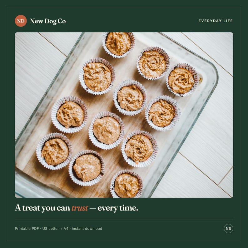 K&ouml;nnte beinhalten: Zw&ouml;lf goldbraune Muffins in wei&szlig;en Papierf&ouml;rmchen, angeordnet in einer klaren Glasauflaufform. Der Text oben lautet New Dog Co und Everyday Life. Der Text unten lautet A treat you can trust &mdash; every time. Druckbares PDF US Letter + A4.