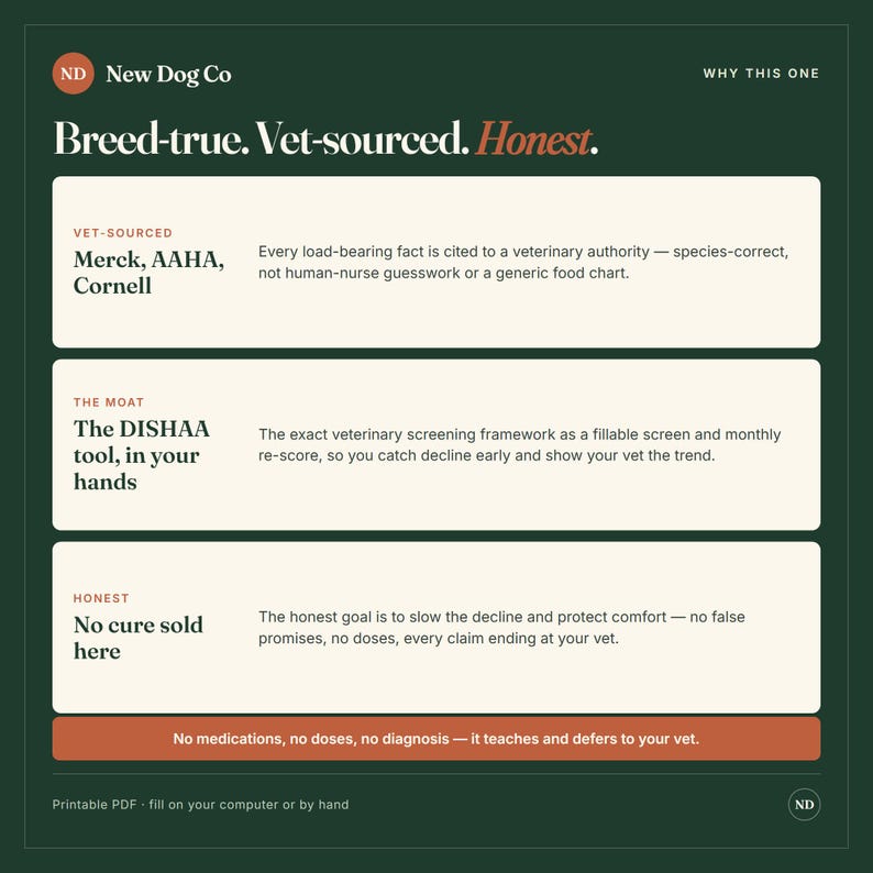 Pu&ograve; includere: Un grafico informativo verde scuro intitolato New Dog Co con l'intestazione Breed-true. Vet-sourced. Honest. Presenta tre sezioni rettangolari bianche che descrivono fatti di origine veterinaria, lo strumento DISHAA e una politica senza cure.