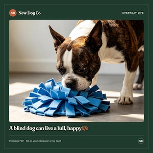 May include: A brindle and white dog sniffing a round blue felt snuffle mat with numerous fabric strips. The image includes the text New Dog Co, Everyday Life, and A blind dog can live a full, happy life, along with Printable PDF - fill on your computer or by hand.
