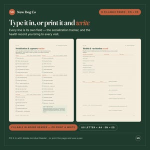 May include: A digital or printable dog care planner featuring two pages: a Socialization & exposure tracker and a Health & vaccination record. The layout includes checkboxes, lines for notes, and text fields for tracking pet health, vaccinations, and socialisation milestones in English and Spanish.