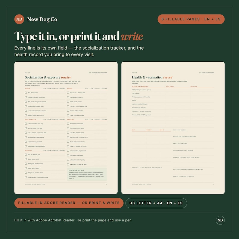 May include: A digital or printable dog care planner featuring two pages: a Socialization & exposure tracker and a Health & vaccination record. The layout includes checkboxes, lines for notes, and text fields for tracking pet health, vaccinations, and socialisation milestones in English and Spanish.