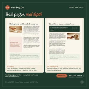 May include: A digital guide titled New Dog Co featuring two pages with text and puppy photos. The left page discusses the yelp myth, while the right page covers bite inhibition. The layout includes headers, paragraphs, and instructional photo sequences.
