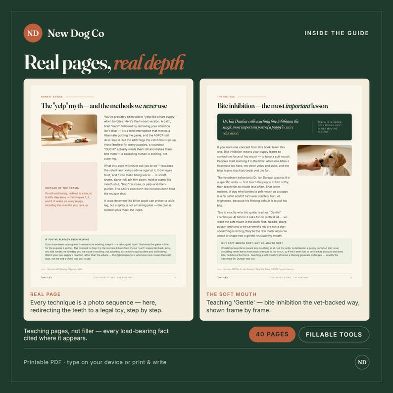 May include: A digital guide titled New Dog Co featuring two pages with text and puppy photos. The left page discusses the yelp myth, while the right page covers bite inhibition. The layout includes headers, paragraphs, and instructional photo sequences.