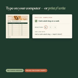May include: A digital daily log template for puppy training featuring a puppy photo, a table with columns for date, exposure, reaction, and notes, and a sample row with reaction buttons labelled C, U, and S. Text reads Type on your computer&mdash;or print & write.