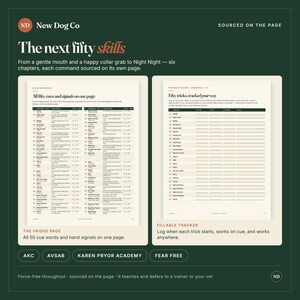 May include: A digital document titled The next fifty skills by New Dog Co. It features two pages: a quick reference guide listing fifty dog training cues and signals, and a fillable progress tracker for logging trick training status and dates.