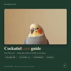 Guía de cuidados para cacatúas ninfa / Información para nuevos propietarios, alimentación y salud (PDF rellenable)