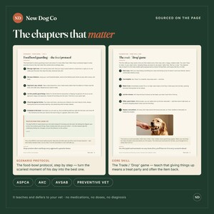 May include: A two-page educational guide titled The chapters that matter from New Dog Co. The left page details a food bowl guarding protocol, while the right page explains a trade and drop game, featuring a photograph of a golden retriever.