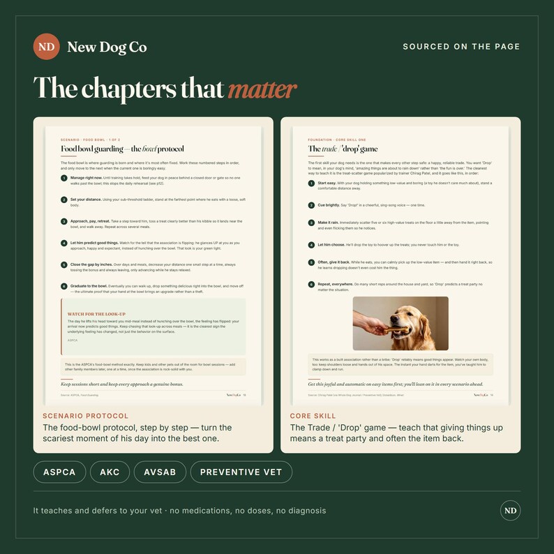 May include: A two-page educational guide titled The chapters that matter from New Dog Co. The left page details a food bowl guarding protocol, while the right page explains a trade and drop game, featuring a photograph of a golden retriever.