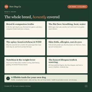 K&ouml;nnte beinhalten: Ein dunkelgr&uuml;nes Informationsdokument mit dem Titel New Dog Co, The whole breed, honestly covered. Es umfasst 28 Seiten, 6 davon ausf&uuml;llbar, und behandelt Themen wie Rassewahrheiten, Atmung, Wirbels&auml;ulengesundheit, Hautfalten, Ern&auml;hrung und Lebensdauer.