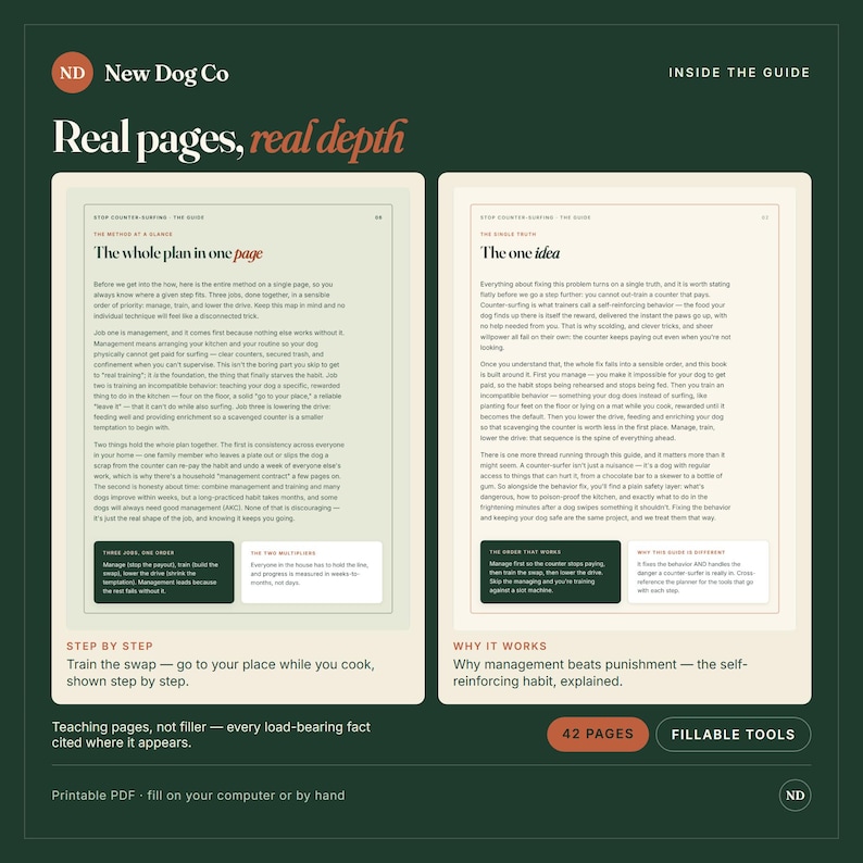 May include: A digital guide titled New Dog Co: Real pages, real depth, featuring two pages of text on dog training. The left page is titled The whole plan in one page, and the right page is titled The one idea. The document includes sections on step-by-step training and why it works, with a total of 42 pages and fillable tools.