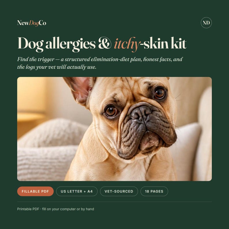 Puede incluir: Un producto digital titulado Dog allergies & itchy-skin kit de NewDogCo. La imagen muestra un bulldog franc&eacute;s beige y texto que describe un plan de dieta de eliminaci&oacute;n, PDF rellenable, tama&ntilde;os US Letter y A4, 18 p&aacute;ginas y de origen veterinario.