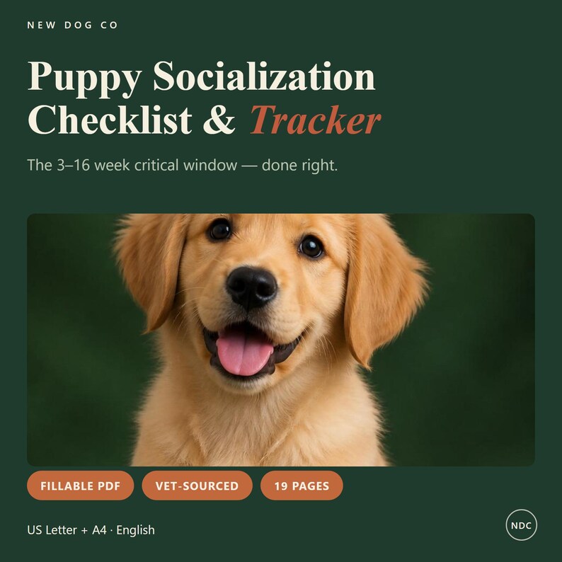 May include: A digital Puppy Socialization Checklist & Tracker document with a golden retriever puppy photo. Text includes: New Dog Co, The 3-16 week critical window&mdash;done right, Fillable PDF, Vet-Sourced, 19 Pages, US Letter + A4, English, and NDC.