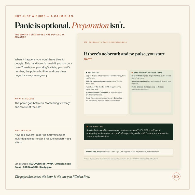Pu&ograve; includere: Un documento informativo beige intitolato Panic is optional. Preparation isn't. Fornisce istruzioni per la RCP canina in caso di emergenza, inclusi ritmo, posizionamento delle mani e statistiche di sopravvivenza, con testo sullo scopo e il pubblico.