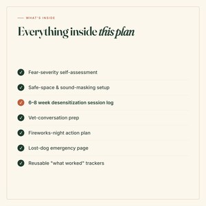 May include: A digital document titled Everything inside this plan with a list of features including a fear-severity self-assessment, safe-space and sound-masking setup, 6-8 week desensitization session log, vet-conversation prep, fireworks-night action plan, lost-dog emergency page, and reusable what worked trackers.