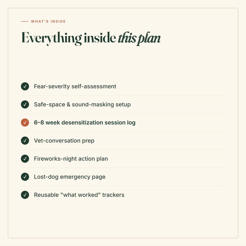 May include: A digital document titled Everything inside this plan with a list of features including a fear-severity self-assessment, safe-space and sound-masking setup, 6-8 week desensitization session log, vet-conversation prep, fireworks-night action plan, lost-dog emergency page, and reusable what worked trackers.