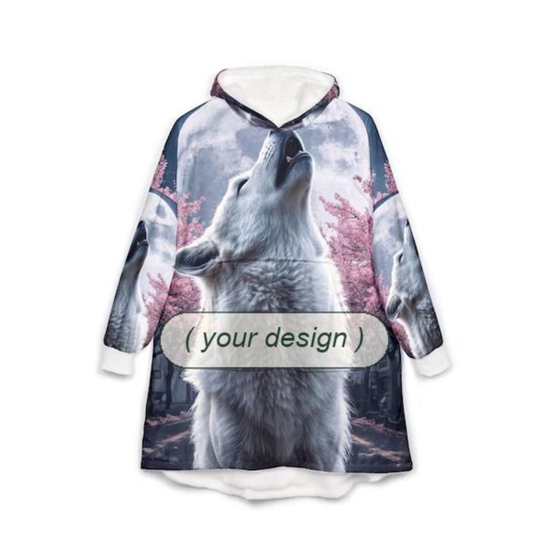 May include: A hooded sweatshirt featuring a large white wolf howling at a full moon against a backdrop of pink cherry blossom trees. The garment includes a central rectangular label with the text ( your design ) printed in black.