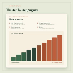 May include: An infographic titled The step-by-step program, The desensitization program, and How it works. It lists four steps for dog training and features a bar chart labeled The volume ladder, showing levels from barely audible to realistic volume.