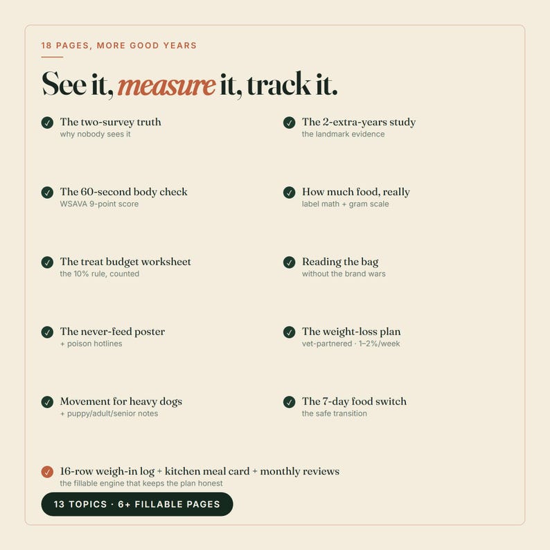 Puede incluir: Un documento informativo beige titulado See it, measure it, track it. Enumera 18 p&aacute;ginas de contenido que incluyen The two-survey truth, The 60-second body check, The treat budget worksheet, The never-feed poster, Movement for heavy dogs y 13 temas.