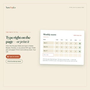 May include: A beige digital document template titled NewDogCo with instructions to type on screen or print. It features a weekly score table with columns for dates and metrics, including numerical entries for March 3, 10, 17, and a cursor at March 24.