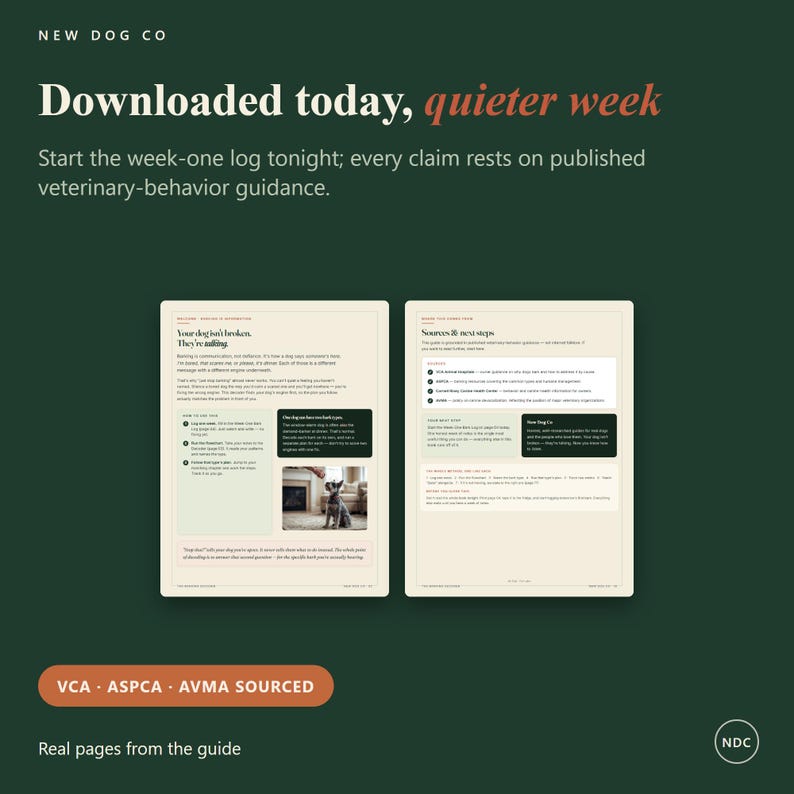 May include: Two pages from a veterinary-behavior guide by New Dog Co. The text includes headers like Downloaded today, quieter week, Your dog isn't broken. They're talking, and Sources & next steps. The pages feature lists, a small dog photo, and text.