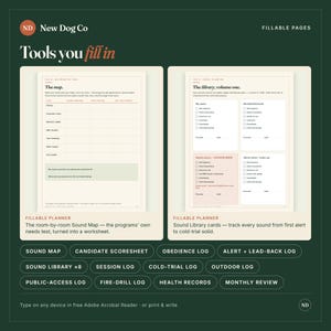 Pode incluir: Duas p&aacute;ginas de planejador digital preench&iacute;veis da New Dog Co. intituladas The map e The library, volume one. As p&aacute;ginas apresentam tabelas estruturadas, caixas de sele&ccedil;&atilde;o e campos de texto para rastrear sons, com um fundo verde escuro.
