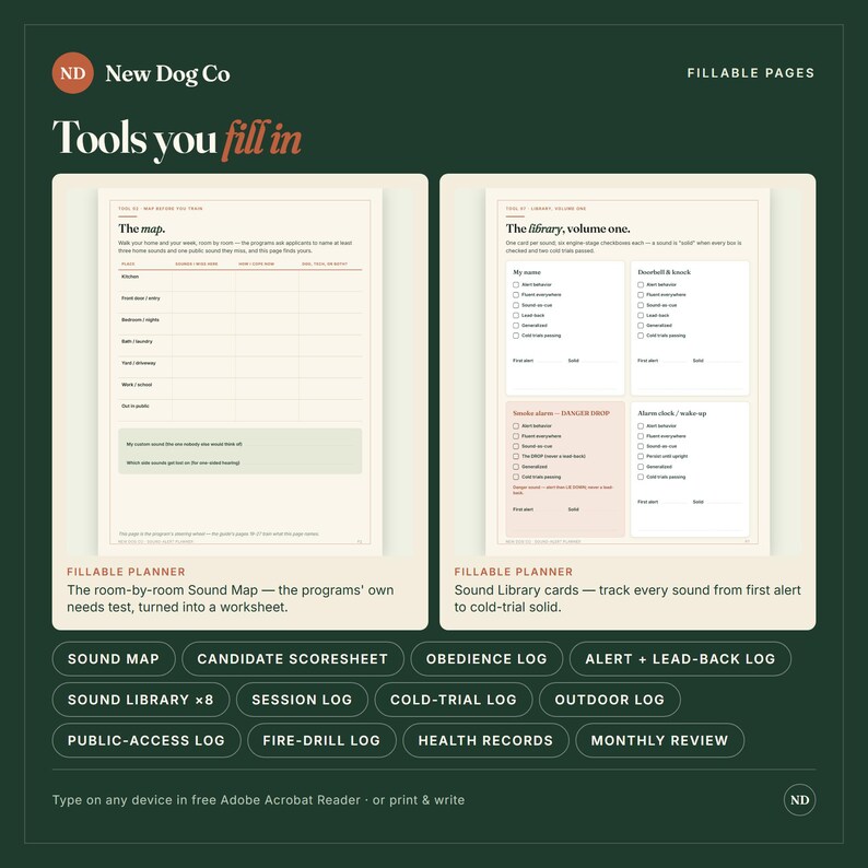 Pode incluir: Duas p&aacute;ginas de planejador digital preench&iacute;veis da New Dog Co. intituladas The map e The library, volume one. As p&aacute;ginas apresentam tabelas estruturadas, caixas de sele&ccedil;&atilde;o e campos de texto para rastrear sons, com um fundo verde escuro.