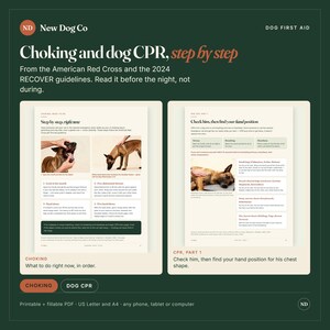 May include: A digital guide titled New Dog Co Dog First Aid featuring Choking and dog CPR step by step instructions. It includes two pages with diagrams and text based on American Red Cross and 2024 RECOVER guidelines for pet safety.