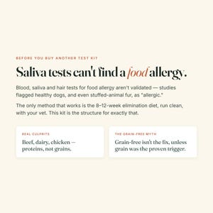 Puede incluir: Un gr&aacute;fico informativo con fondo crema y texto negro que dice: Antes de comprar otro kit de prueba, las pruebas de saliva no pueden detectar una alergia alimentaria. Explica que las pruebas de sangre, saliva y cabello no est&aacute;n validadas y recomienda una dieta de eliminaci&oacute;n de 8 a 12 semanas. Dos recuadros destacan los verdaderos culpables como la carne de res, los l&aacute;cteos y el pollo, y abordan el mito de la dieta sin granos.