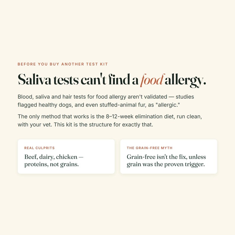 Puede incluir: Un gr&aacute;fico informativo con fondo crema y texto negro que dice: Antes de comprar otro kit de prueba, las pruebas de saliva no pueden detectar una alergia alimentaria. Explica que las pruebas de sangre, saliva y cabello no est&aacute;n validadas y recomienda una dieta de eliminaci&oacute;n de 8 a 12 semanas. Dos recuadros destacan los verdaderos culpables como la carne de res, los l&aacute;cteos y el pollo, y abordan el mito de la dieta sin granos.
