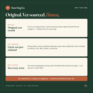 K&ouml;nnte beinhalten: Eine dunkelgr&uuml;ne Infografik mit dem Titel New Dog Co, Why This One. Sie listet drei Punkte auf: Original, not resold; Cited, not just claimed; und See every treat. Sie enth&auml;lt den Text: No medications, no doses, no diagnosis &mdash; it teaches and defers to your vet.