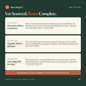 May include: A dark green informational graphic titled Vet-Sourced.Honest.Complete. by New Dog Co. It features three white rectangular sections detailing a guide and planner for deaf dogs, including text about vet-sourced training and safety.